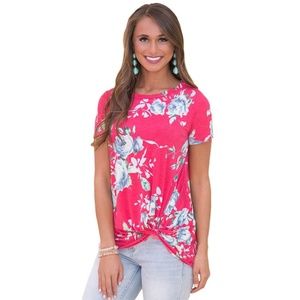 Rosy Floral Short Sleeve Knot Top